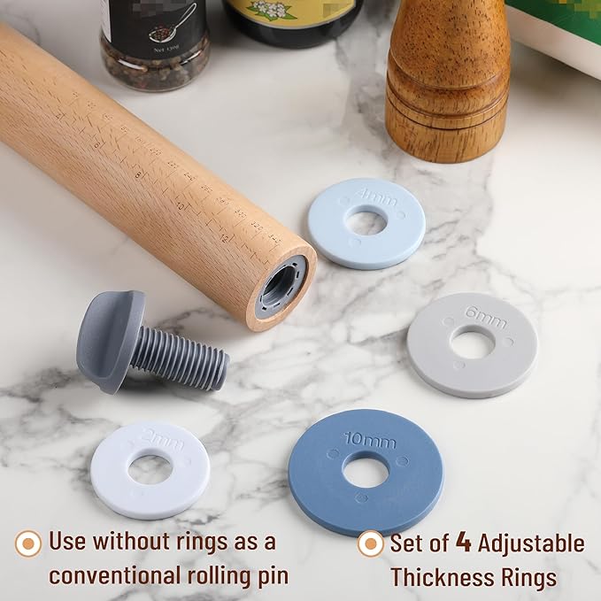 BAMBOO LAND- Adjustable Rolling Pin with Thickness Rings for Baking, 13.8", 4 Pastel Colored Thickness Rings (2-10 mm or 1/16"-3/8"), Wood Rolling Pins for Baking, Bread, Pizza Doughs