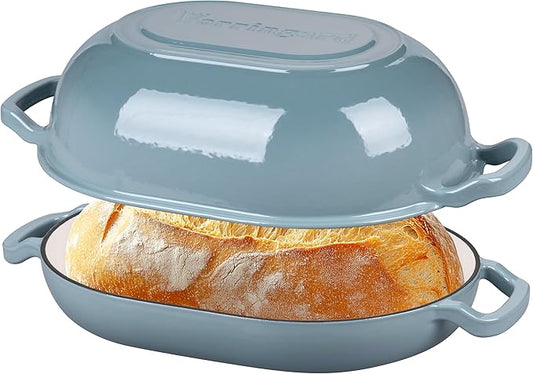 VORRINGARD Enameled Cast Iron Sourdough Bread Oven, Dutch Oven, Loaf Cast Iron Bread Pan for Homemade Bread Baking, Meatloaf Pan with Lid, 7QT, Sea Salt