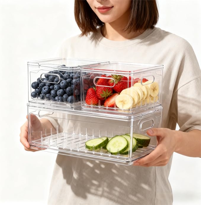 Transparent PET Fruit Draining and Washing colander food storage boxes plastic cookie containers refrigerator organizers (2, Square)