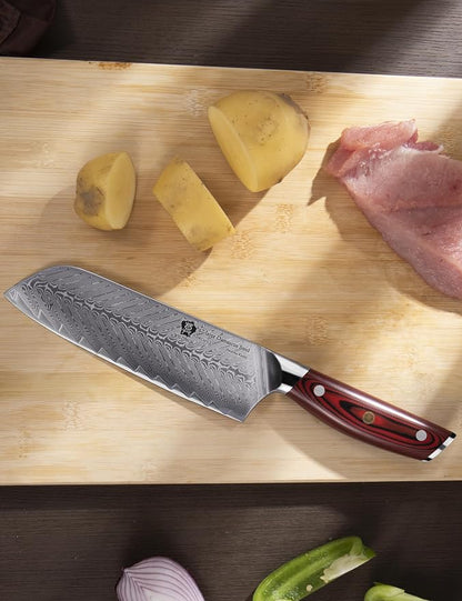 WILDMOK Damascus Santoku Knife, 7 Inch Sharp Professional Meat Vegetable Knife, Japanese Super VG10 Steel Multifunction Asian Knife with Full Tang G10 Handle-Song Series