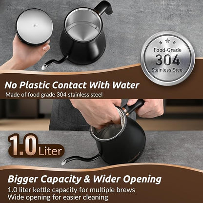 RONGBEST Electric Gooseneck Kettle 1L, 6 Temperature Control Presets, 1200W Quick Heating Water Pour Over Coffee & Tea Pot with Auto Shut-off & Keep-warm, Stainless Steel Inner & Lid, Matte Black