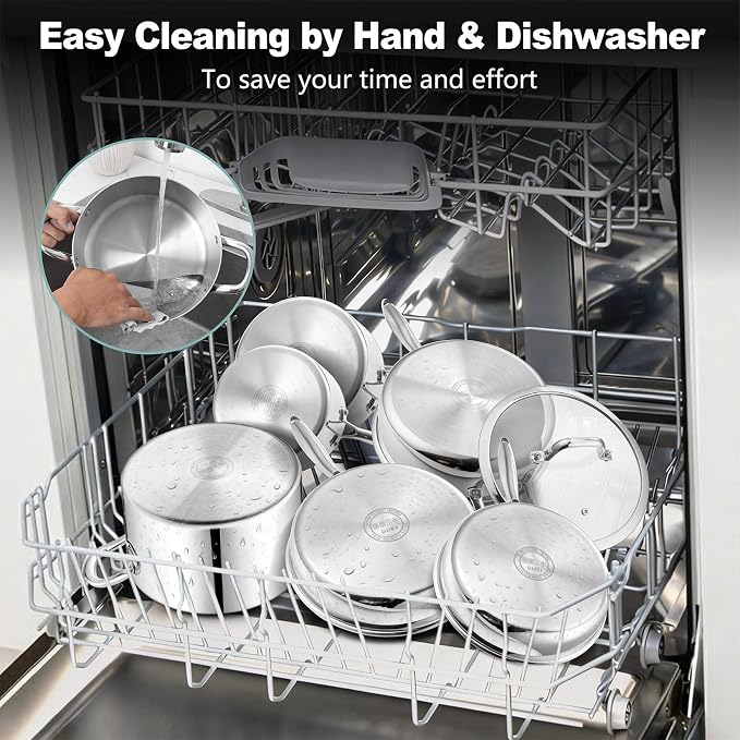 P&P CHEF 3-Ply Stainless Steel Cookware Set of 6, 10-Pieces Pots and Pans Sets Stainless Steel for Kitchen, Induction Multi Cooktops & Oven, Dishwasher Safe, Frying Pans, Saucepans, Saute Pan & Pot