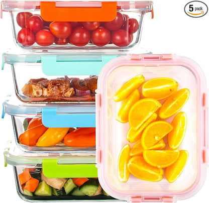 Glass Meal Prep Containers with Lids(5 Pack, 34oz), Glass Food Storage Containers for Lunch at Work, Leak-proof Food Containers, Microwave/Dishwasher Safe