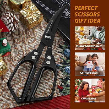 Huusk Seafood Scissors Black - Stainless Steel Kitchen Shears Dishwasher Safe, Sharp Japanese-Style Kitchen Scissor for Crab, Shrimp, Lobster, Herbs and Food Prep, Gifts for Men Women