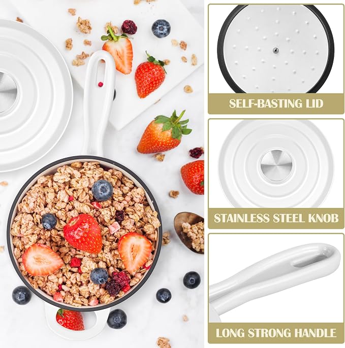 E-far Enameled Cast Iron Sauce Pan with Lid, 1 Quart Dutch Oven Saucepan, Mini Sauce Pot for Cooking, Boiling, Healthy & Non Toxic, Induction & Oven Safe, White