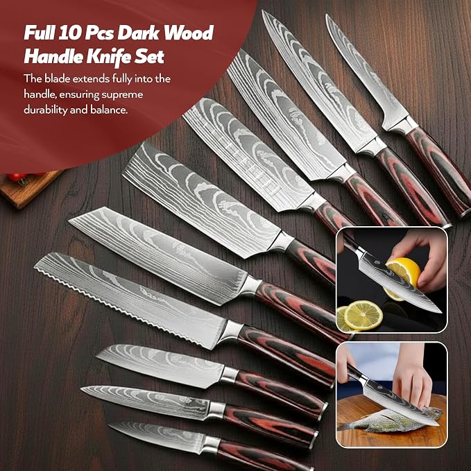 SG Silksway Gallery 10 PCS German Knife, High Carbon Stainless Steel Knife Set with Pakka Wood Handle, Built-in Sharpener, Chef Knife (10 PCS KNIFE SET)