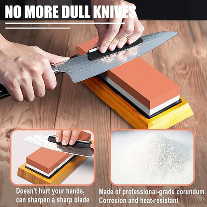 HMPLL Knife Sharpening Stone Set, Professional Whetstone 4 Side Grit 400/1000 3000/8000, Whetstone Knife Sharpener Stone Set Include Non-slip Base, Leather Strop, Flattening Stone & Angle Guide