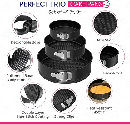 Riccle 148PCs Cake Pan Set for Baking, 3 Non-Stick Springform Pan Set (4, 7, 9 Inches), Cake Decorating Kit, Piping Bags and Tips Set, Cake Leveler, Multi-functional Leak-Proof CheeseCake Pan (148)