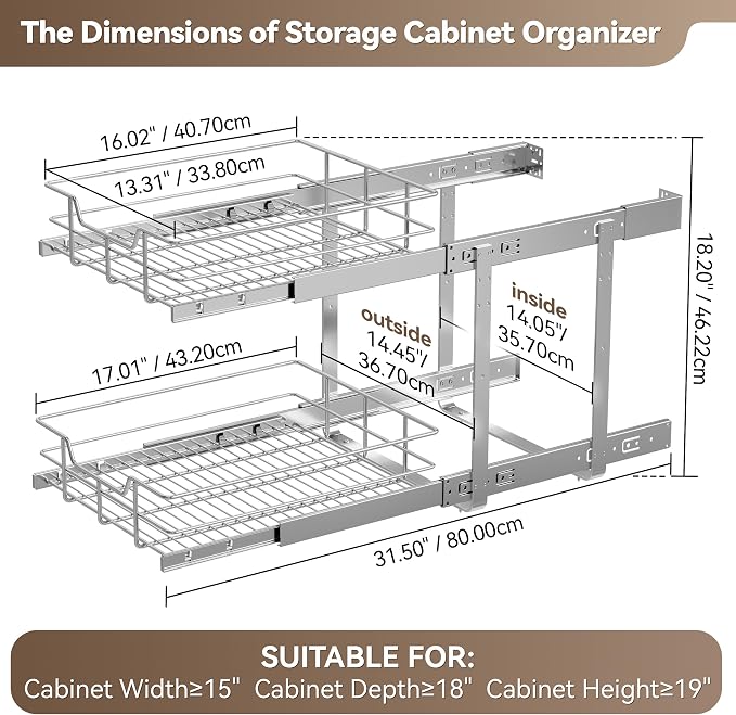 2 Tier Pull Out Cabinet Organizer 15" W X 17" D, Slide Out Drawers for Kitchen Cabinets, Pull Out Drawers for Cabinets Capacity Heavy Duty Caddy, Cabinet Pullout Shelves Chrome-Plated,Bathroom Pantry