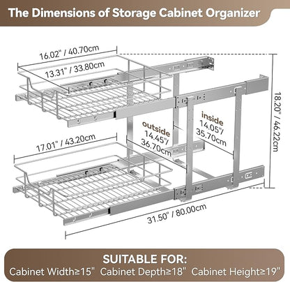 2 Tier Pull Out Cabinet Organizer 15" W X 17" D, Slide Out Drawers for Kitchen Cabinets, Pull Out Drawers for Cabinets Capacity Heavy Duty Caddy, Cabinet Pullout Shelves Chrome-Plated,Bathroom Pantry