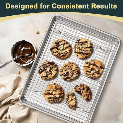 Wildone Baking Sheet with Rack Set (2 Pans + 2 Racks), Half Sheet Size | Natural Aluminum Commercial Quality Cookie Sheet with Cooling Rack, Nonstick Baking Pan, Warp Resistant & Heavy Duty
