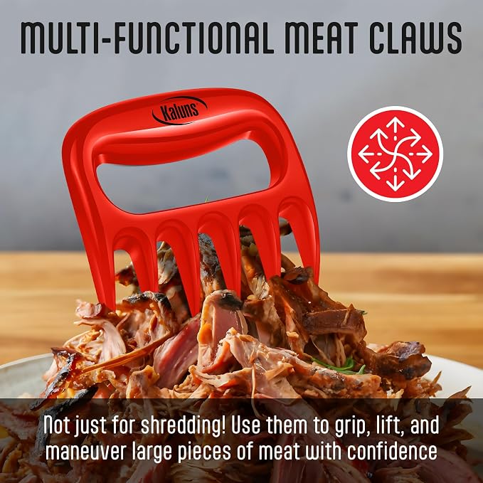 Kaluns Meat Claws, Best Meat and Pulled Pork Shredder - Easily Lift, Handle, Pull, Cut, and Shred Meat - Ultra-Sharp Plastic Blades - Heat Resistant, BPA Free, Dishwasher Safe (Red)