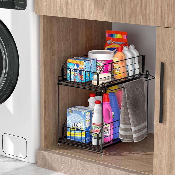 SUEH DESIGN Under Sink Organizers and Storage, 2 Pack | 2 Tier Metal, Hanging Rail, Kitchen Bathroom Cabinet Organizer
