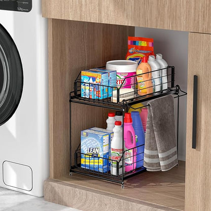 SUEH DESIGN Under Sink Organizers and Storage, 2 Pack | 2 Tier Metal, Hanging Rail, Kitchen Bathroom Cabinet Organizer