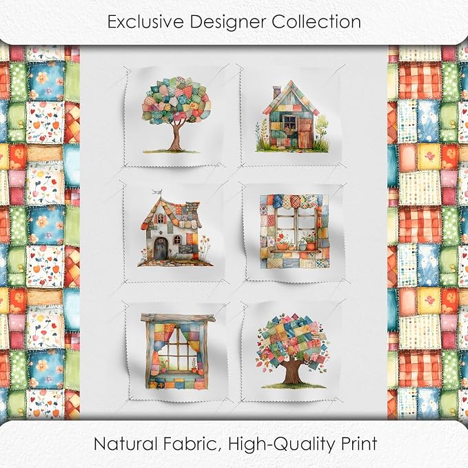 Patchwork Cozy Cottage Cotton Fabric Panel – 6 Designs (10×10 inch Each) + Bonus Sheet 29.5×19.6 inch, 100% Cotton 140 GSM, Made in Türkiye