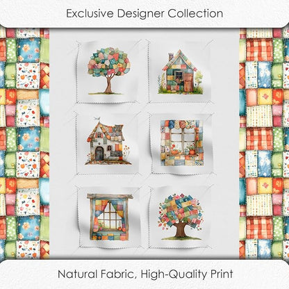 Patchwork Cozy Cottage Cotton Fabric Panel – 6 Designs (10×10 inch Each) + Bonus Sheet 29.5×19.6 inch, 100% Cotton 140 GSM, Made in Türkiye