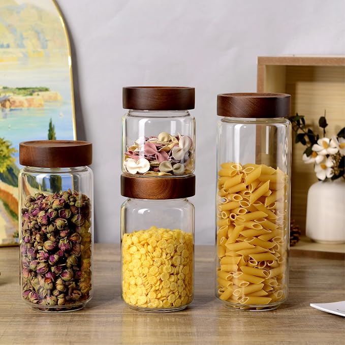 13.5 fl oz/400 ml Glass Jar with Airtight Wooden Screw Top Lid, Clear Stackable Food Storage Canister, Small Cute Decorative Glass Container for Coffee, Candy, Cookie, Sugar, Oatmeal, Salt