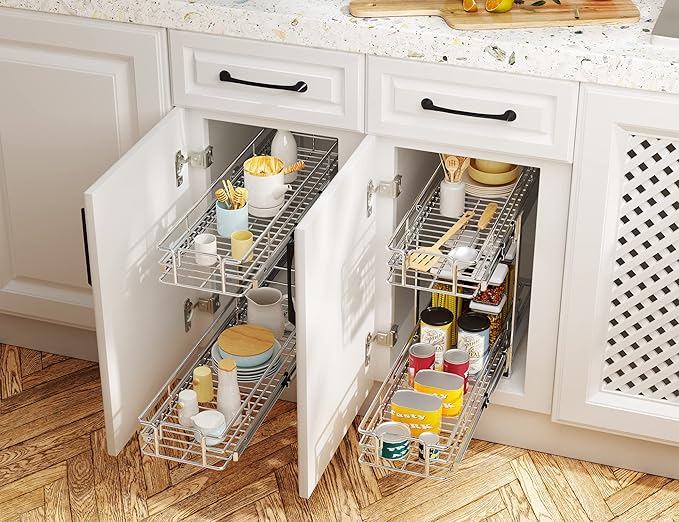 LOVMOR Individual Pull Out Cabinet Organizer, 2 Tier Slide Out Cabinet Drawers, Pots and Pans Organizer and Storage Pantry Shelf for Kitchen (11½" W x 21½" D)