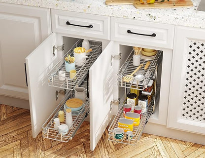 LOVMOR Individual Pull Out Cabinet Organizer, 2 Tier Slide Out Cabinet Drawers, Pots and Pans Organizer and Storage Pantry Shelf for Kitchen (11½" W x 21½" D)
