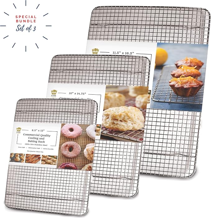 Stainless Steel Wire Cooling Rack for Baking – 3 Pack – 1 for Half Sheet Pans, 1 for Jelly Roll Pans, and 1 for Quarter Sheet Pans – Oven-safe, Heavy Duty Commercial Quality