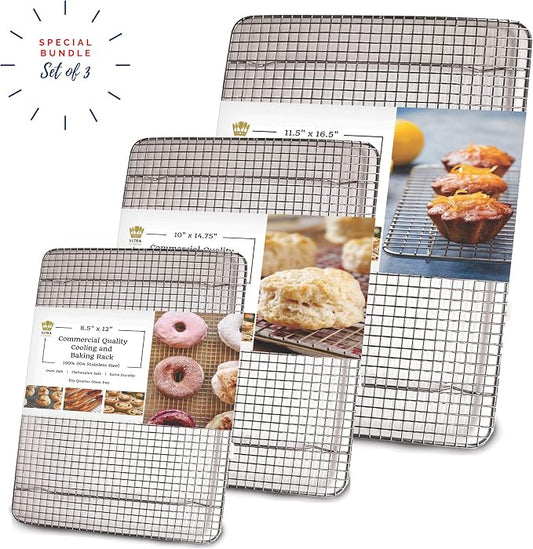 Stainless Steel Wire Cooling Rack for Baking – 3 Pack – 1 for Half Sheet Pans, 1 for Jelly Roll Pans, and 1 for Quarter Sheet Pans – Oven-safe, Heavy Duty Commercial Quality