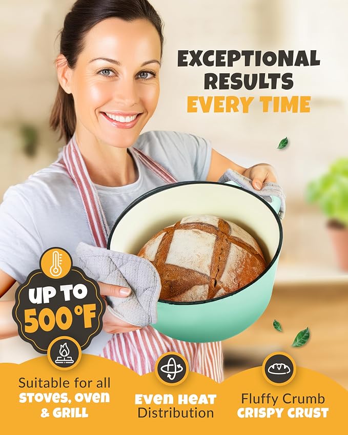 CRUSTLOVE Dutch Oven for Bread Baking - incl. Sourdough Bread-Baking Supplies like Banneton Bread-Proofing Basket - 5QT Enameled Cast Iron Bread-Oven with Lid, Baking Pan, Scoring Tool Lame