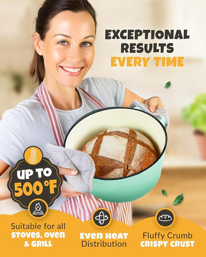 CRUSTLOVE Dutch Oven for Bread Baking - incl. Sourdough Bread-Baking Supplies like Banneton Bread-Proofing Basket - 5QT Enameled Cast Iron Bread-Oven with Lid, Baking Pan, Scoring Tool Lame