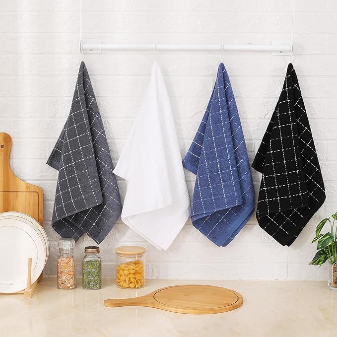 Mordimy 100% Cotton Terry Cloth Kitchen Towels, Super Soft and Absorbent Dish Towels for Drying, Checkered Designed Hand Towels for Kitchen, 16 x 26 Inches, 8 Pack, Black