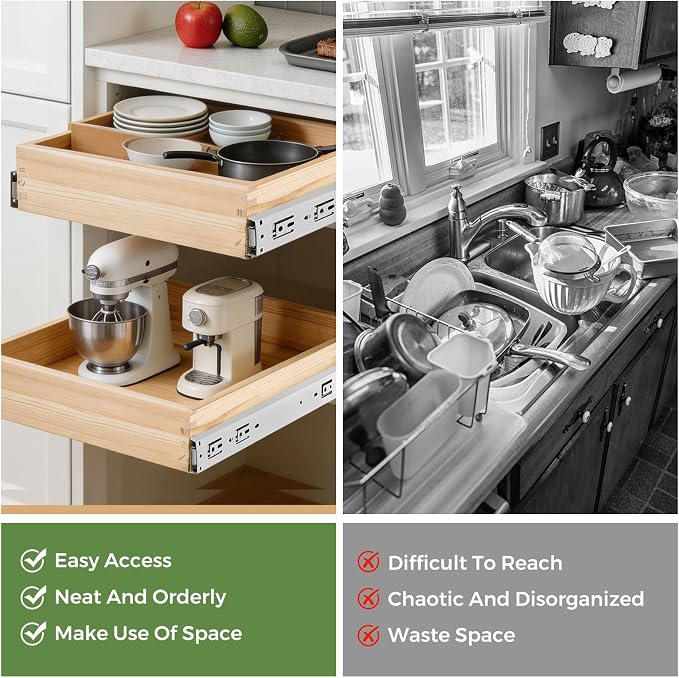Wooden Pull Out Cabinet Organizer 24" W x 21" D x 3" H Solid Wood Drawer with Soft Close Slides Bottom or Side Mount for Pantry Bathroom Bedroom Dining Room Storage