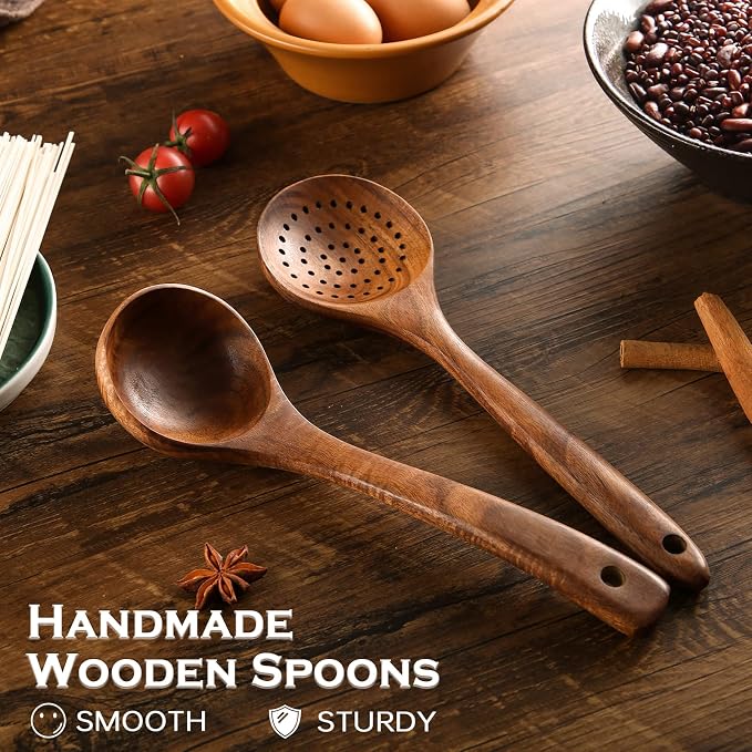 Wooden Spoons for Cooking 7Pcs Natural Acacia Wooden Utensils Set, Wooden Spoon, Spatula, Salad Fork for Cooking,Serving, Stirring, Heat-Resistant, Non-stick Wood Kitchen Utensil Sets