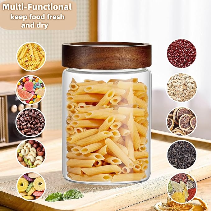 28 Fl oz/850 ml Glass Food Storage Jar, Premium Clear Glass Container Jar with Airtight Screw-on Wooden Lid, Kitchen Canisters for Coffee,Tea,Pasta,Cookies, Nuts,Spice,Candy,Overnight Oatmeal（Medium）