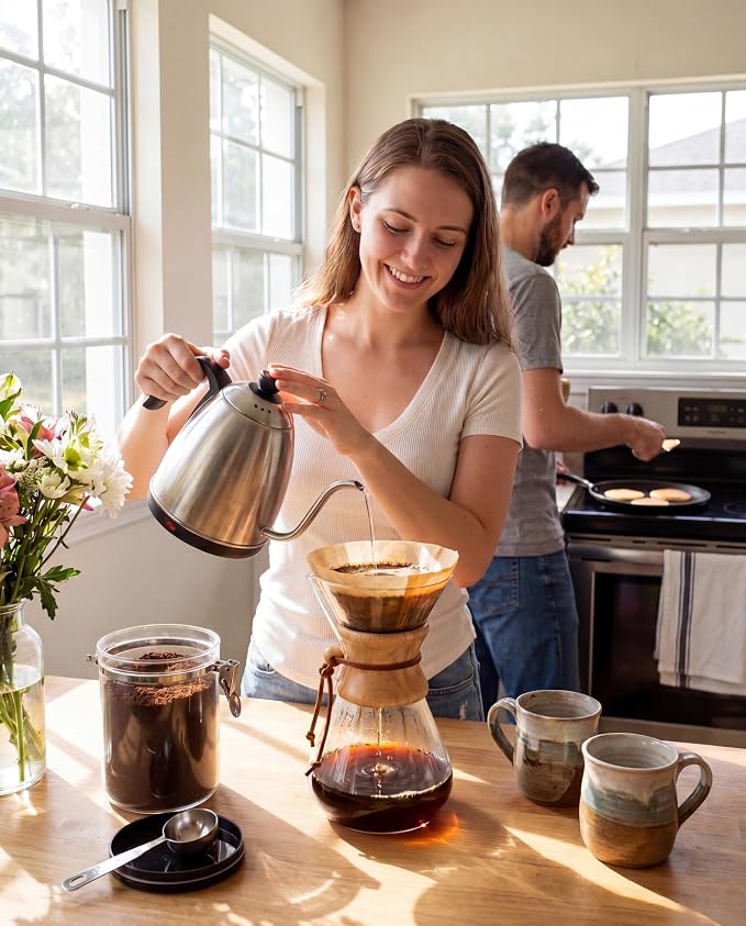 AGOGO Pour Over Coffee Maker Glass with 50pcs Paper Filters -for Home, Office, Camping, Cafes - Easy Clean Coffee Dripper Set (Soft Towel&Brush)(34oz Slim Shape w/Paper Filters)