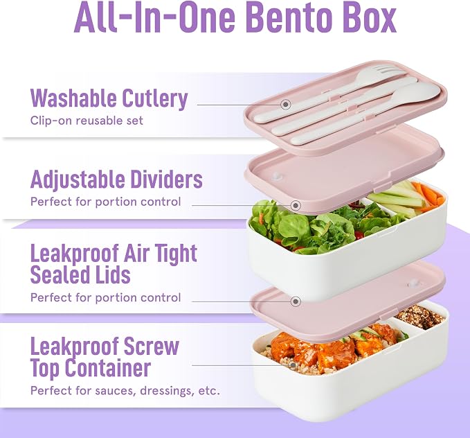 KARRICO Double Premium Bento Box Adult, 67 fl oz BPA-Free - Dusty Pink Stackable Lunch Box with Leak-Proof Lids & Dividers, Perfect for Meal Prep, Lunches & Portion Control