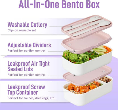 KARRICO Double Premium Bento Box Adult, 67 fl oz BPA-Free - Dusty Pink Stackable Lunch Box with Leak-Proof Lids & Dividers, Perfect for Meal Prep, Lunches & Portion Control