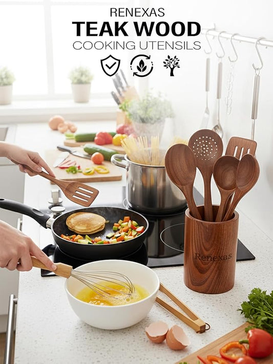 12-Piece Teak Wooden Kitchen Utensil Set – Nonstick Safe Cooking Spoons & Spatulas, Heat Resistant, Durable Natural Wood, Comfortable Grip Handles