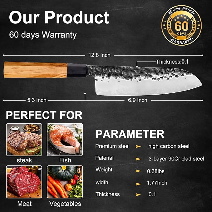 Santoku Knife 7 Inch, Japanese Hand Forged High Carbon Steel Kitchen Knife with Natural Olive Wood Octagonal Handle, Multipurpose Chef Knife for Slicing Dicing Mincing & Gift Box