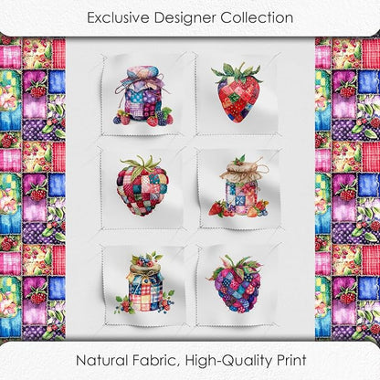 Patchwork Berry Jar Cotton Fabric Panel – 6 Designs (10×10 inch Each) + Bonus Sheet 29.5×19.6 inch, 100% Cotton 140 GSM, Made in Türkiye
