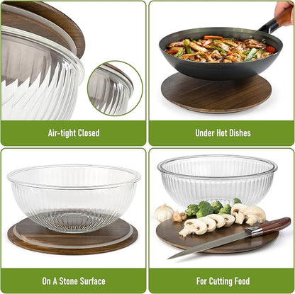 Stackable Space-Saving Set of 5 Nesting Glass Bowls with Acacia Lids for Foodprep, Storage, Mixing & Cooking - Microwave & Oven-ready BPA Free Durable Heat Resistant Inert Borosilicate Glass