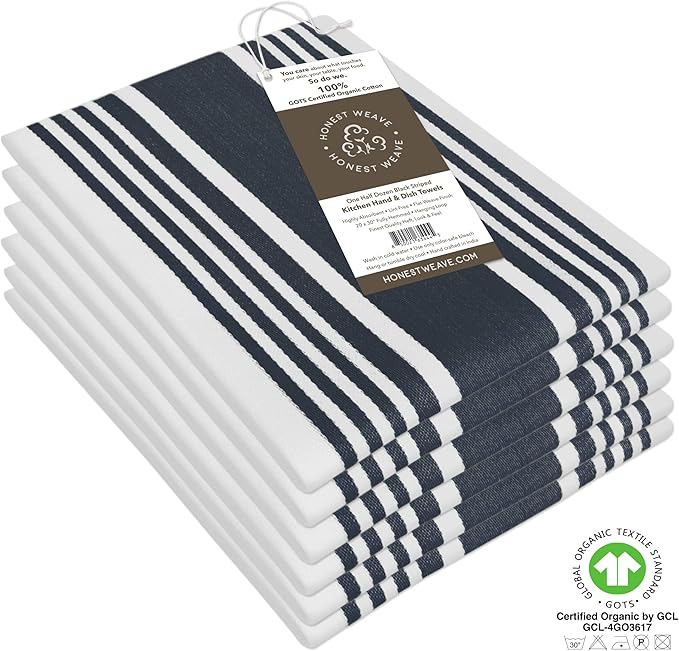 HONEST WEAVE GOTS Certified Organic Cotton Kitchen Hand and Dish Towel Sets - Oversized 20x30 inches, Fully Hemmed, in Designer Colors, 6-Pack, Black Stripe