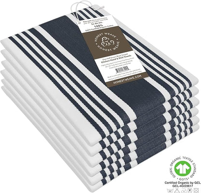 HONEST WEAVE GOTS Certified Organic Cotton Kitchen Hand and Dish Towel Sets - Oversized 20x30 inches, Fully Hemmed, in Designer Colors, 6-Pack, Black Stripe