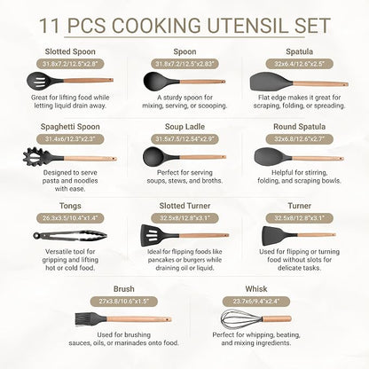 11-Piece Silicone Kitchen Utensils Set with Non Toxic Spatula, Tongs, Whisk, Turner & Ladle – Heat Resistant, Non-Scratch Cooking Tools with Wooden Handles, BPA-Free, Dishwasher Safe (Black)
