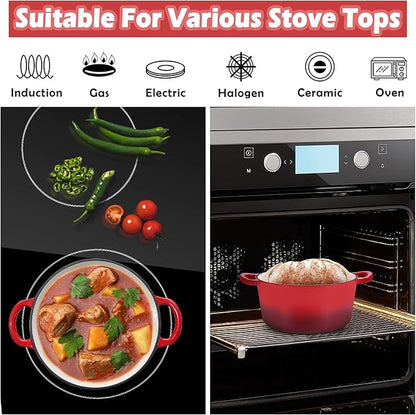 TeamFar 3qt Dutch Oven, Small Enameled Cast Iron Dutch Oven Pot with Lid, For Bread Baking/Stewing/Braising/Frying, Various Stoves & Oven Safe, Non-stick & Easy Clean, Red
