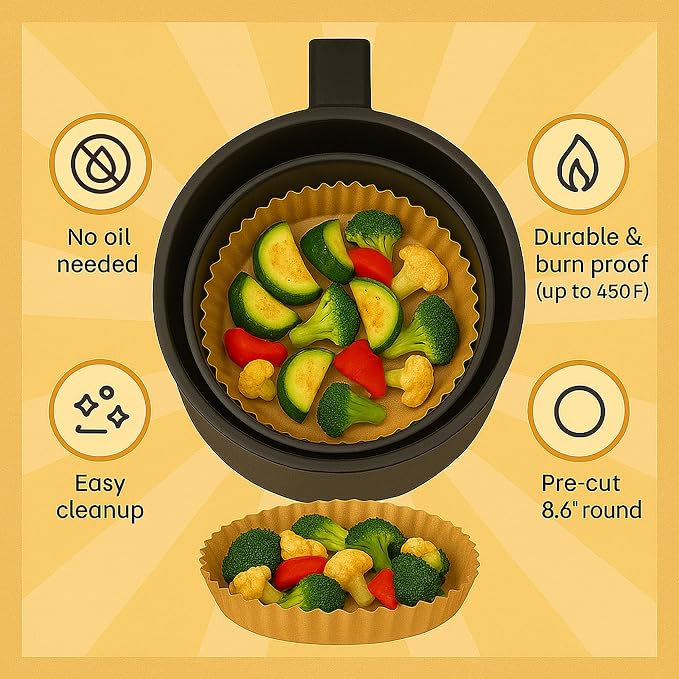 Mindful Design Air Fryer Paper Liners,125Pcs Parchment Paper, Air Fryer Disposable Liner for Microwave, Non-Stick Round Free of Bleach (8IN)