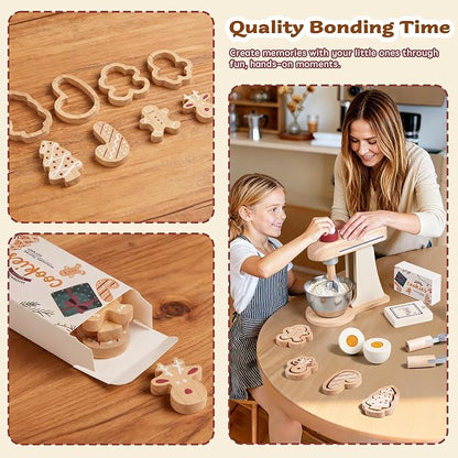 Kids Play Kitchen Toddler Playset with Play Food and Wooden Toy Mixer Montessori Accessories Pretend Cooking Gift for Boys Girls Age 3 4 5 6 7
