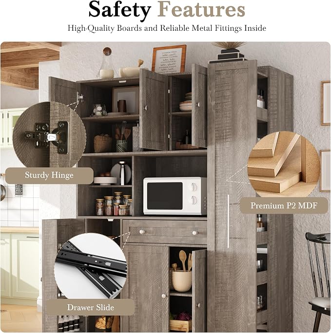 VilroCaz Farmhouse Style Large Kitchen Pantry with Hutch, Freestanding Wood Storage Cabinet Cupboard with Pull-Out Side Cabinet, Door Shelves and Drawer (Brown-6.10)
