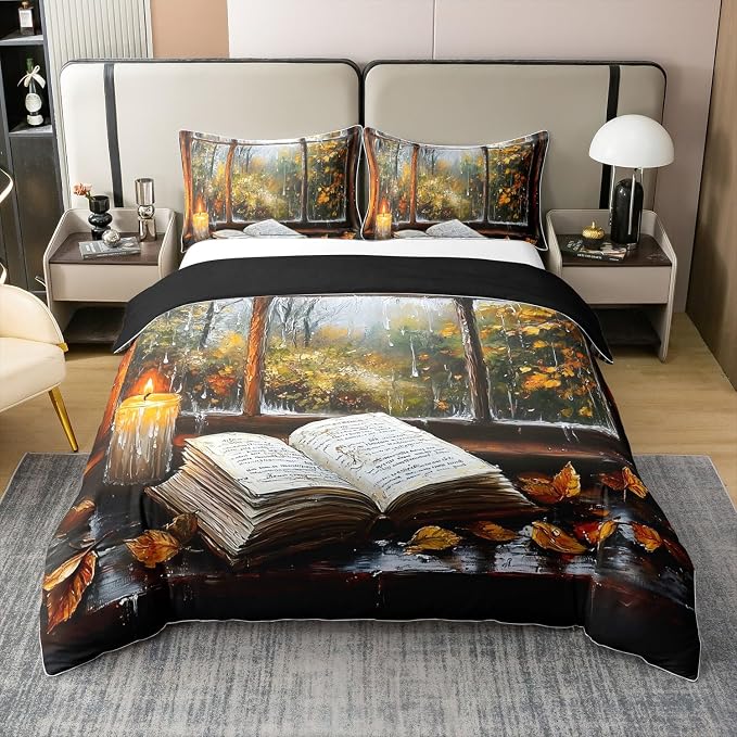 Reading Book Theme 100% Natural Cotton Duvet Cover Set Maple Leaves Comforter Cover Set King Size for Bedroom Decor Rustic Farmhouse Bedding Set 3 PCS,Comforter Not Included