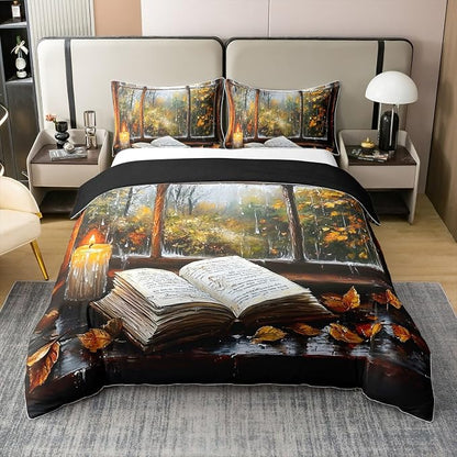 Reading Book Theme 100% Natural Cotton Duvet Cover Set Maple Leaves Comforter Cover Set King Size for Bedroom Decor Rustic Farmhouse Bedding Set 3 PCS,Comforter Not Included