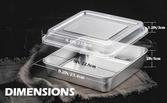 Leonyo Stainless Steel 9x9 Baking Pan with Lids, 4 Set 9IN x 9IN Metal Square Cake Pans with Lids, Commercial Brownie Pans Baking Dish for Lemon Bars, Dishwasher Safe(Except for Plastic Lids)
