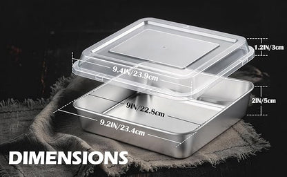 Leonyo Stainless Steel 9x9 Baking Pan with Lids, 4 Set 9IN x 9IN Metal Square Cake Pans with Lids, Commercial Brownie Pans Baking Dish for Lemon Bars, Dishwasher Safe(Except for Plastic Lids)