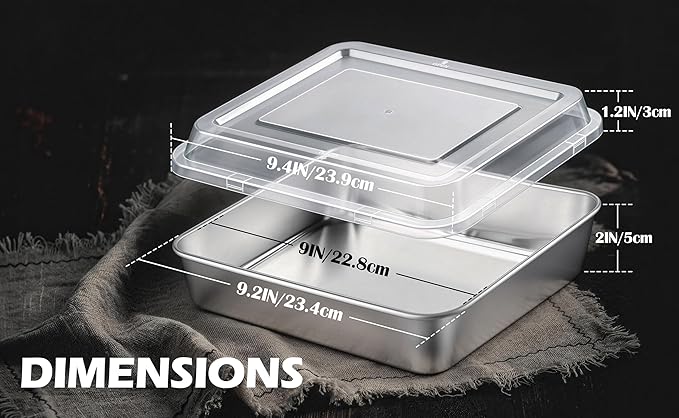 Leonyo Stainless Steel 9x9 Baking Pan with Lids, 1 Set 9IN x 9IN Metal Square Cake Pans with Lids, Commercial Brownie Pans Baking Dish for Lemon Bars, Dishwasher Safe(Except for Plastic Lids)